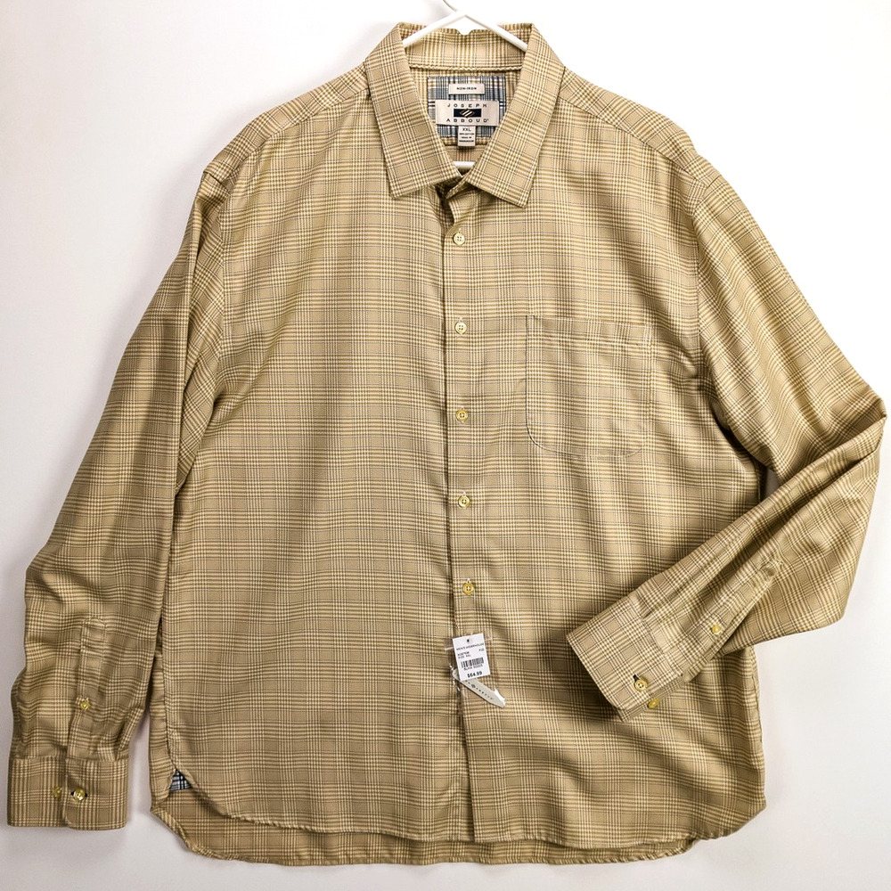 Men’s 2XL Non-Iron Button-Up Shirt Tan Plaid Business Casual Workwear | Joseph A